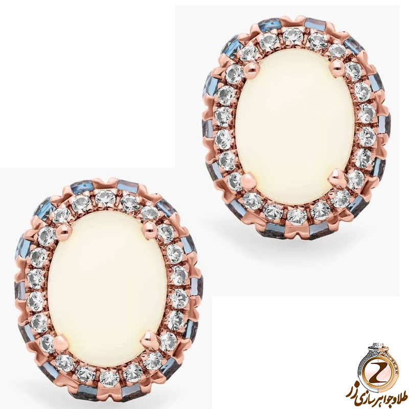 خرید و قیمت گوشواره طلا جدید زنانه پشت میخی شیک جواهر اوپال، توپاز آبی و الماس تراش برلیان - سایت زر
