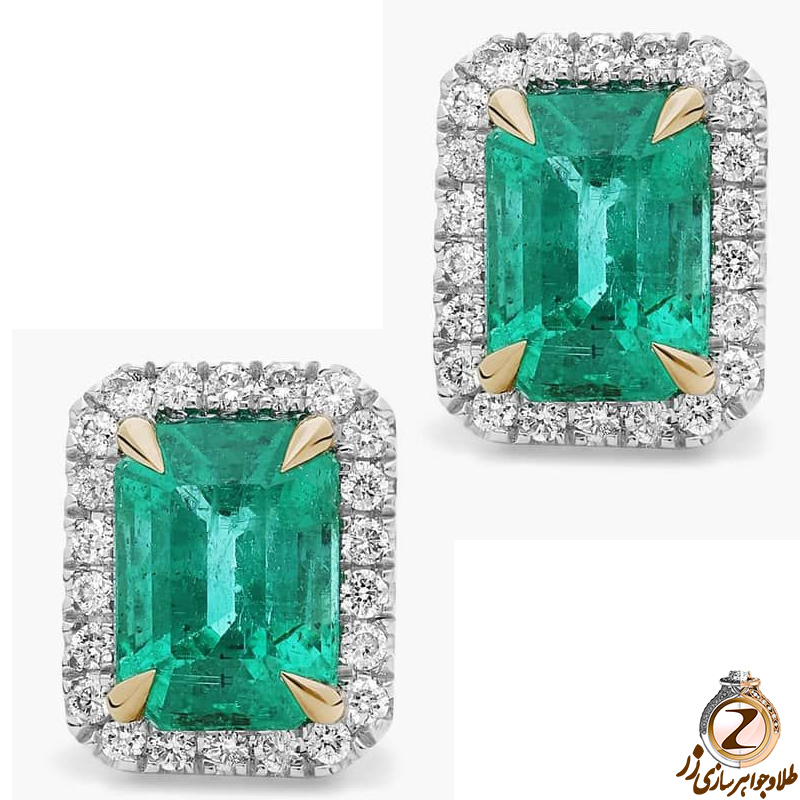 خرید و قیمت گوشواره زمرد طلا جدید زنانه پشت میخی و الماس تراش برلیان طرح مینیمال کلاسیک - سایت زر