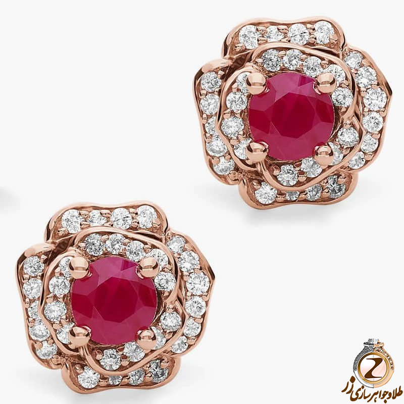 خرید و قیمت گوشواره طلا گل رز جدید زنانه و دخترانه پشت میخی یاقوت سرخ و الماس تراش برلیان - سایت زر