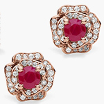 گوشواره طلا گل رز جدید زنانه و دخترانه پشت میخی یاقوت سرخ و الماس تراش برلیان مدل: edf1691