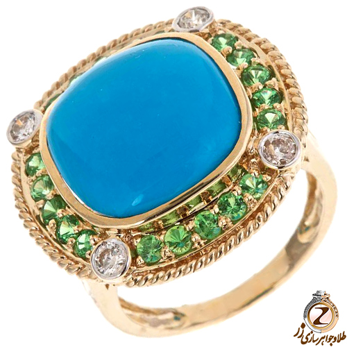 انگشتر فیروزه زنانه طلا و جواهر با نگین زبرجد و الماس تراش برلیان طرح گنبدی