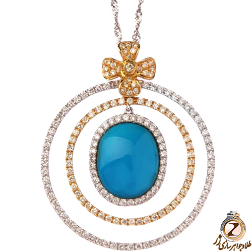 خرید آویز گردنبند طلا و جواهر با نگین فیروزه و الماس تراش برلیان طرح گل - سایت زر