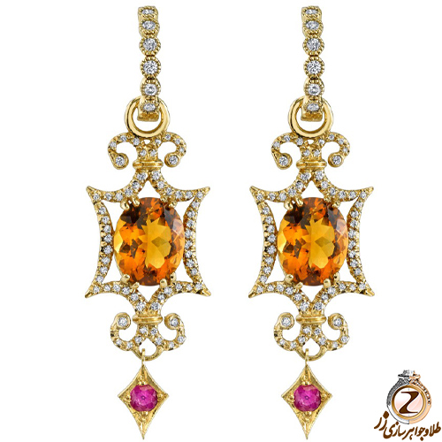 خرید گوشواره بلند طلا و جواهر با نگین سیترین، یاقوت قرمز و الماس تراش برلیان به همراه عکس واضح