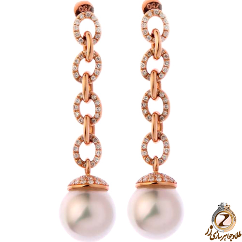 عکس گوشواره طلا رزگلد زنانه و جواهر پشت میخی مروارید مسی و برلیان طرح بلند و آویزان - سایت زر