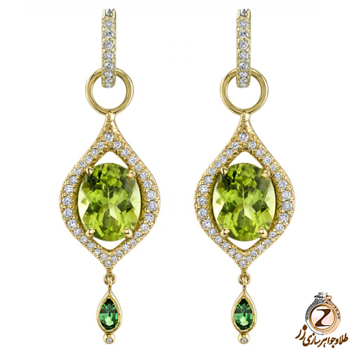 گوشواره بلند آویزان طلا و جواهر با نگین زبرجد، زمرد و الماس تراش برلیان 