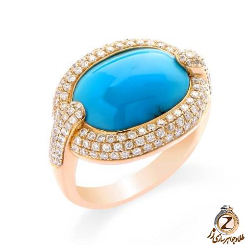 انگشتر طلا و جواهر با نگین فیروزه و الماس تراش برلیان