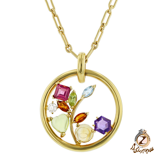 مدل آویز طلای زرد 18 عیار و جواهر نگین های رنگی توپاز، آمیتیست و برلیان طرح گرد - سایت زر