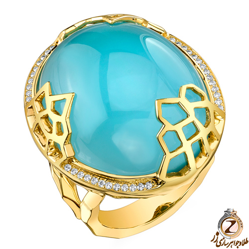 انگشتر فیروزه اصل زنانه طلای زرد و جواهر الماس تراش برلیان طرح زنبوری