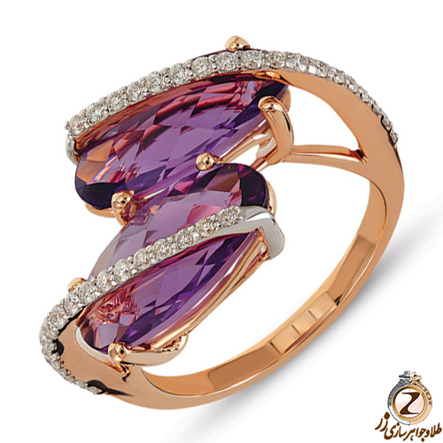 خرید انگشتر طلای زنانه 18 عیار رزگلد و جواهر نگین آمیتیست و الماس تراش برلیان - سایت زر