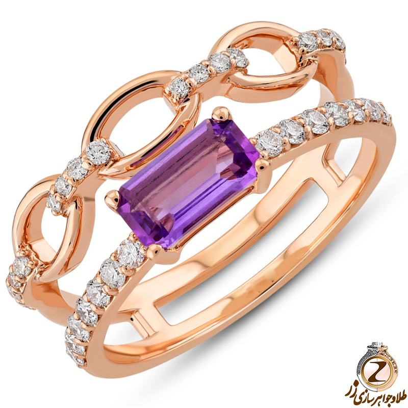 خرید انگشتر طلای رزگلد 18 عیار زنانه با نگین آمیتیست و الماس تراش برلیان طرح مدرن - سایت زر