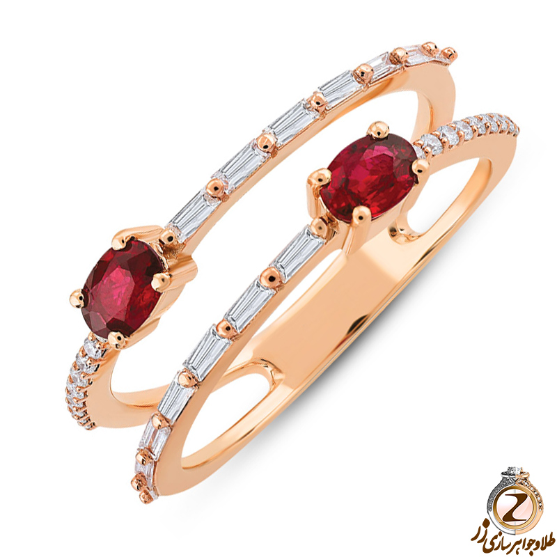 خرید انگشتر طلای زنانه جواهر با نگین یاقوت قرمز و الماس تراش برلیان و باگت طرح مینیمال - سایت زر