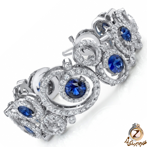 خرید دستبند طلا زنانه جدید لاکچری جواهر نگین الماس تراش برلیان و یاقوت کبود طرح خاص - سایت زر