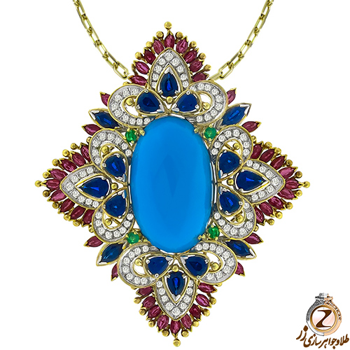 خرید و قیمت پلاک فیروزه طلای سفید و جواهر الماس تراش برلیان، زمرد، یاقوت سرخ و کبود - سایت زر