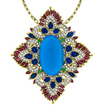 پلاک فیروزه طلای سفید و جواهر الماس تراش برلیان، زمرد، یاقوت سرخ و کبود مدل:npdf13215