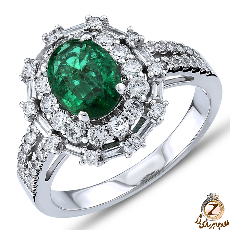 خرید انگشتر جواهر زمرد جدید زنانه طلای سفید و الماس تراش برلیان طرح لاکچری - سایت زر