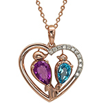 پلاک طلای رزگلد با نگین توپاز و آمتیست و برلیان طرح پرنده عاشق و قلب مدل npdf13234