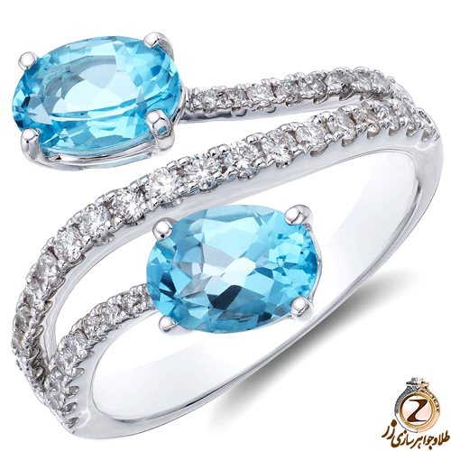 انگشتر طلا سفید زنانه 18 عیار جواهر نگین توپاز و الماس تراش برلیان رکاب دو طرفه - طلا و جواهر زر 