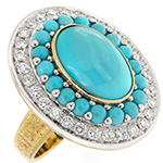 انگشتر طلا زنانه خاص زرد 18 عیار و جواهر با سنگ فیروزه و الماس تراش برلیان مدل rgf1798