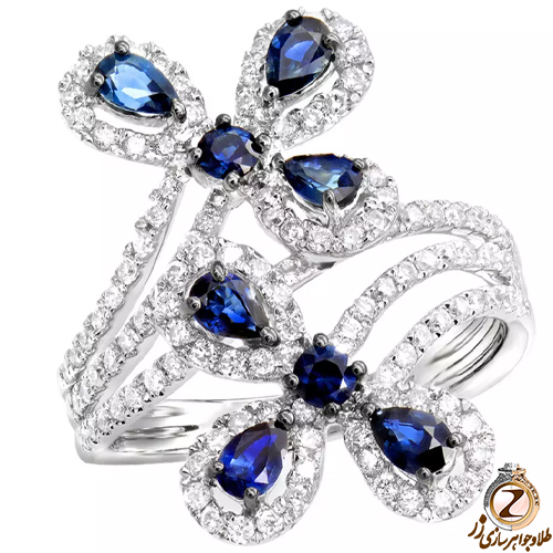 خرید و قیمت انگشتر طلای سفید زنانه یاقوت کبود و برلیان پروانه - طلا و جواهر زر