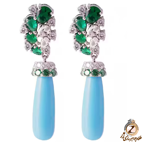 خرید گوشواره طلا سفید زنانه و فیروزه، زمرد و الماس تراش اشک و برلیان طرح بلند و آویزان - سایت زر