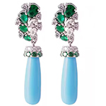 گوشواره طلا سفید زنانه و فیروزه، زمرد و الماس تراش اشک و برلیان طرح بلند و آویزان مدل edf1652