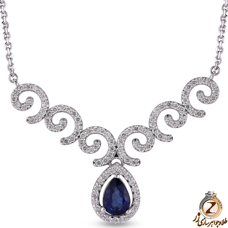 خرید گردنبند طلا زنانه با سنگ یاقوت کبود و نگین جواهر برلیان