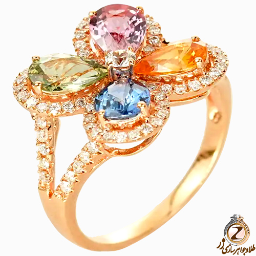 خرید و قیمت انگشتر طلا گل زنانه برلیان، سیترین، توپاز، زبرجد و تورمالین طرح بولگاری - سایت زر