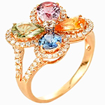 انگشتر طلا گل زنانه برلیان، سیترین، توپاز، زبرجد و تورمالین طرح بولگاری مدل: rgf1832