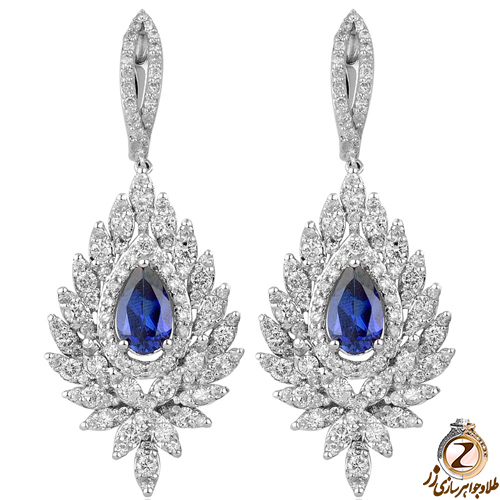 گوشواره طلا سفید زنانه جواهر نگین یاقوت کبود و برلیان