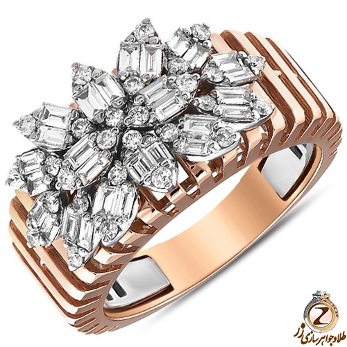 انگشتر گل طلا زنانه الماس تراش برلیان و باگت - خرید و قیمت سایت زر