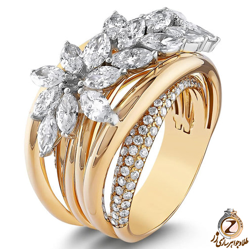 عکس انگشتر الماس زنانه مارکیز و برلیان بر پایه طلا زرد طرح خاص 