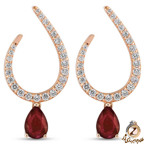 گوشواره طلا جدید دخترانه یاقوت سرخ و برلیان پشت میخی 