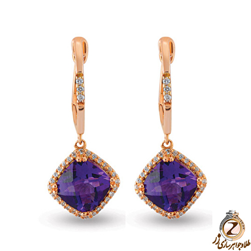  گوشواره طلا جدید دخترانه آمیتیست و برلیان پشت حلقه ای 