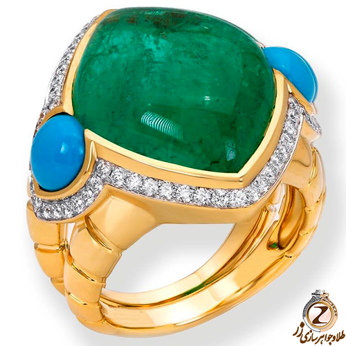 انگشتر طلا زنانه جدید زمرد، فیروزه و برلیان با طلا زرد 18 عیار - سایت زر