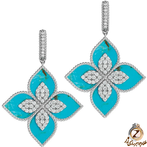 گوشواره طلا جدید چهار برگ نگین فیروزه و الماس تراش برلیان دخترانه - خرید و قیما سایت زر