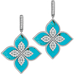 گوشواره گل طلا جدید چهار برگ نگین فیروزه و الماس تراش برلیان دخترانه مدل: edf1661