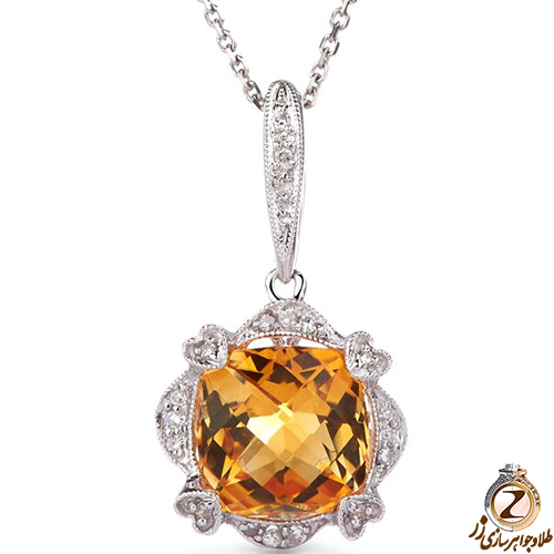 خرید پلاک طلا جدید دخترانه طرح کلاسیک نگین جواهر سیترین و برلیان - قیمت در سایت زر