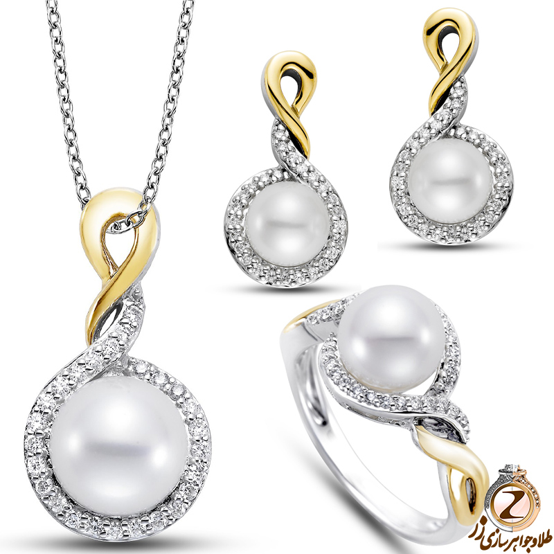 عکس و لینک خرید نیم ست طلا جدید مروارید و برلیان طرح مینیمال - سایت زر