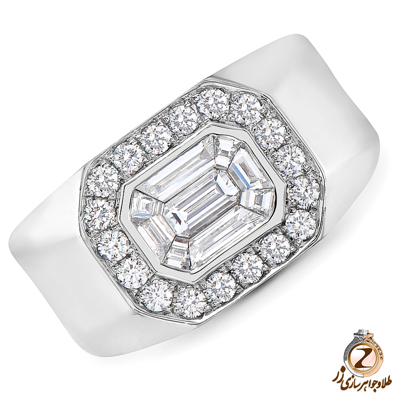 خرید و قیمت انگشتر طلا مردانه خاص 18 عیار سفید و جدید نگین جواهر الماس تراش برلیان و باگت - سایت زر