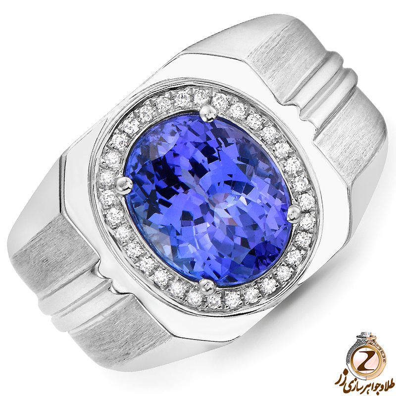 خرید و قیمت انگشتر طلا مردانه خاص جواهر یاقوت کبود و الماس تراش برلیان و طلای سفید مات پر جلوه و لوکس - سایت زر