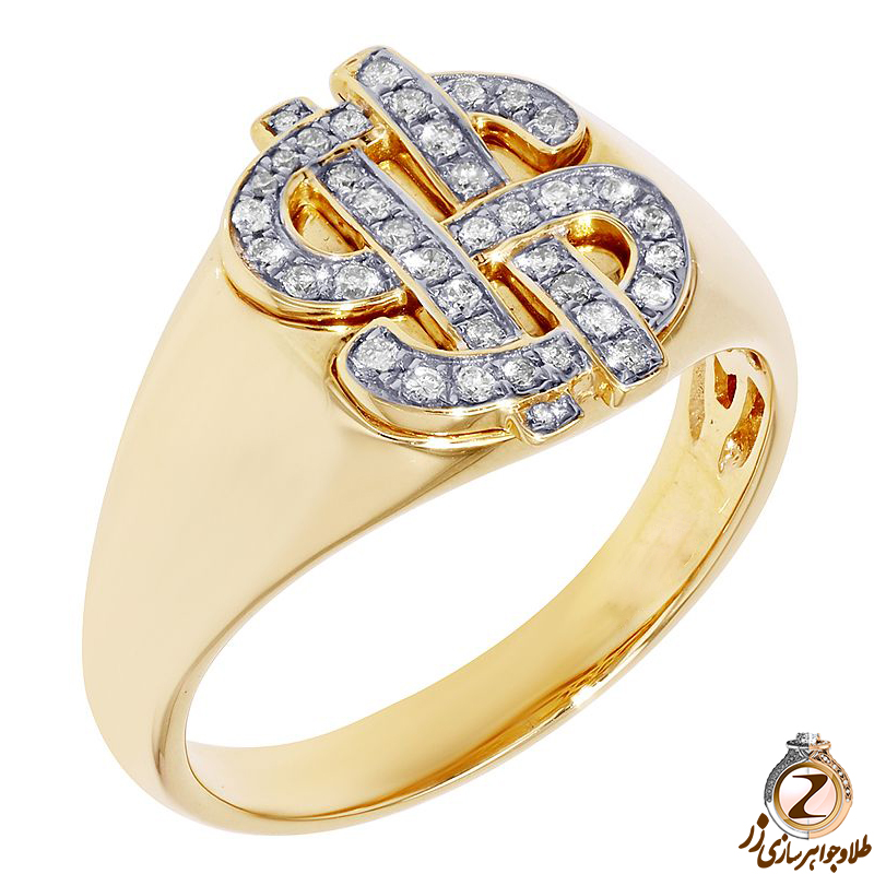 خرید و قیمت انگشتر دلار طلا مردانه جواهر الماس تراش برلیان و طلا زرد 18 عیار طرح مینیمال - سایت زر