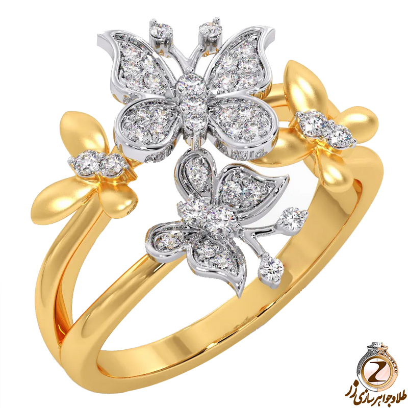 خرید و قیمت انگشتر طلا پروانه 4 تایی ظریف و لاکچری زنانه طلا زرد 18 عیار نگین جواهر الماس تراش برلیان - سایت زر