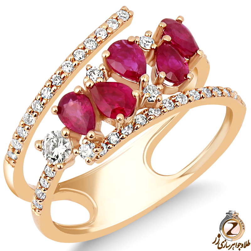 خرید و قیمت انگشتر طلا زنانه جدید و خاص جواهر یاقوت قرمز تراش اشک و الماس تراش برلیان - سایت زر