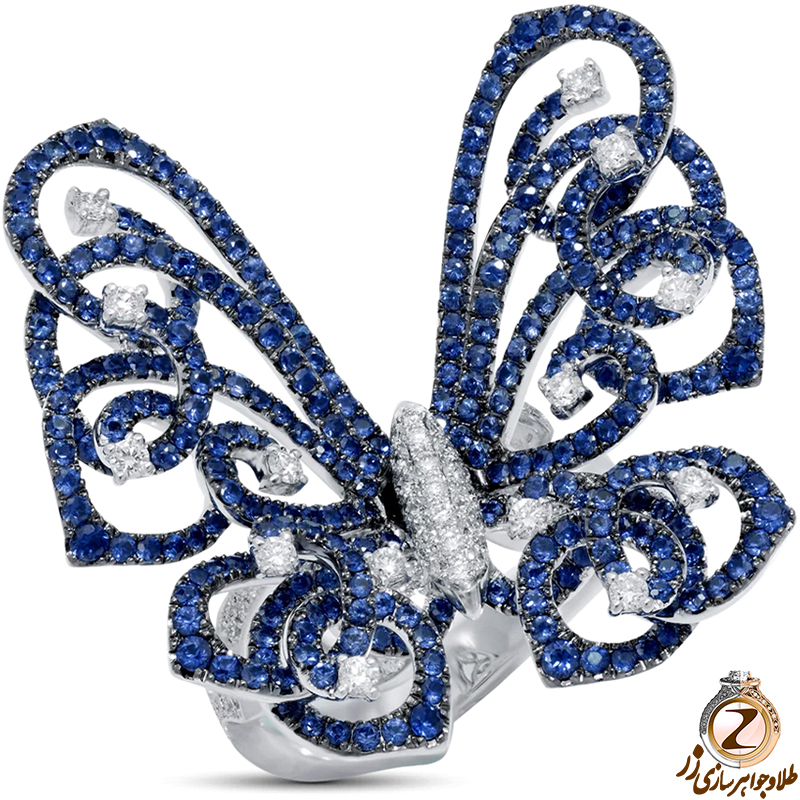 خرید و قیمت انگشتر پروانه بزرگ طلا و جواهر لاکچری و جدید جواهر یاقوت کبود و الماس تراش برلیان - سایت زر