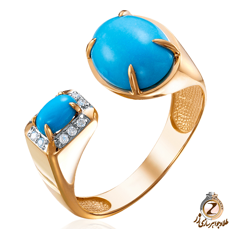 خرید و قیمت انگشتر فیروزه زنانه طلا زرد 18 عیار و جواهر الماس تراش برلیان رکاب دو طرفه طرح مینیمال - سایت زر
