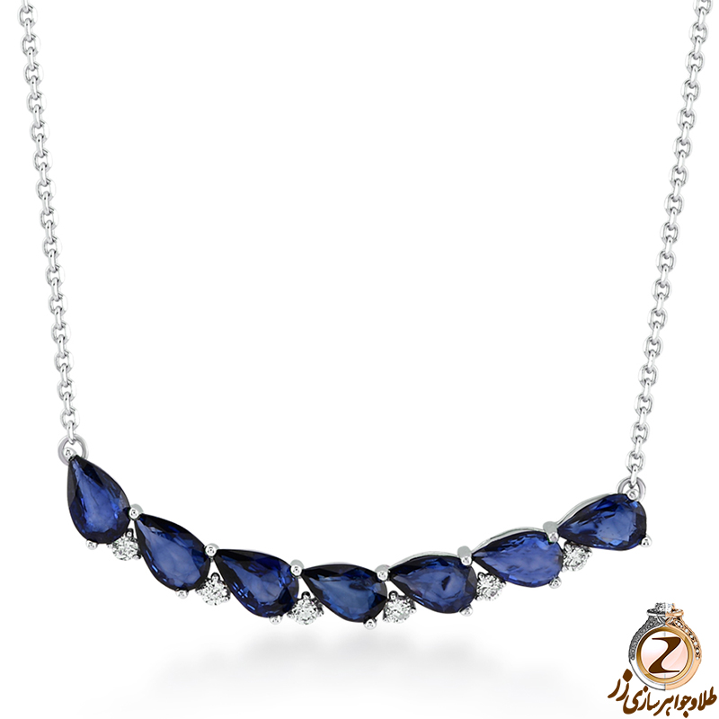 خرید و قیمت گردنبند طلا سفید 18 عیار زنانه جدید جواهر یاقوت کبود تراش اشک و الماس تراش برلیان - سایت زر