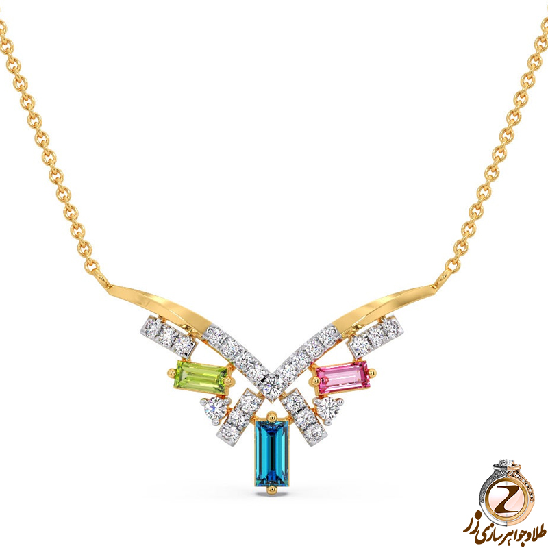 خرید و قیمت گردنبند طلا زرد زنانه جدید 18 عیار جواهر توپاز، تورمالین، زبرجد و برلیان طرح ترند و شیک سال - سایت زر