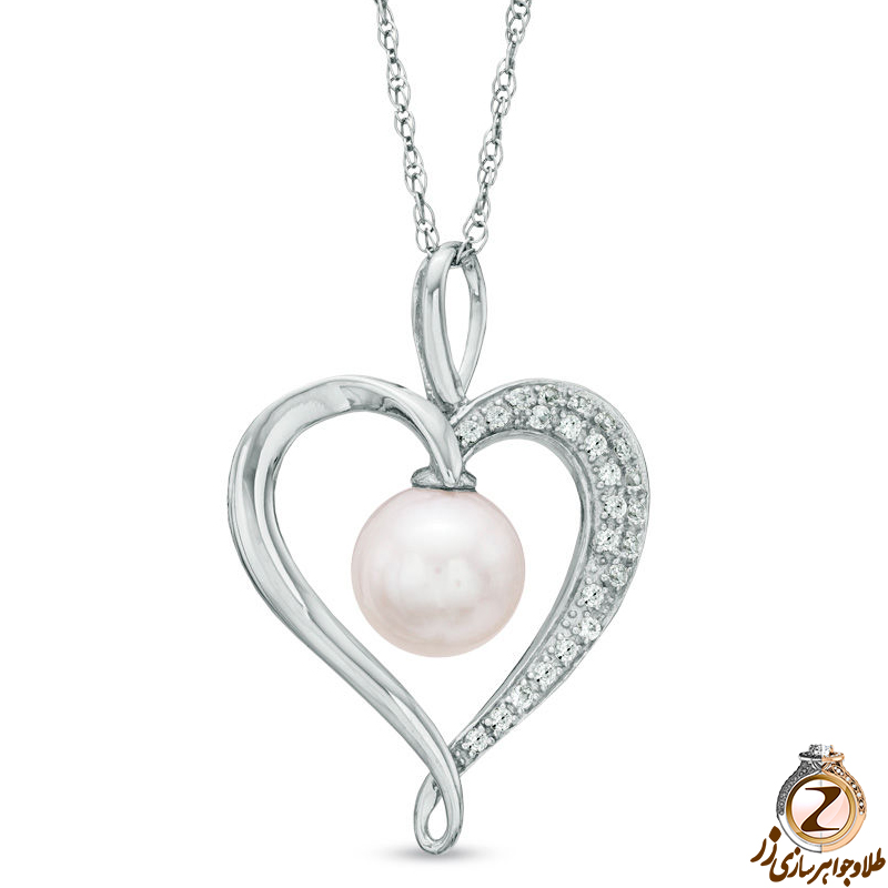 خرید و قیمت پلاک و آویز مروارید زنانه طلا سفید 18 عیار و جواهر الماس تراش برلیان طرح قلب مینیمال - سایت زر