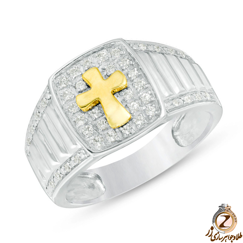 خرید و قیمت انگشتر طلا مردانه پایه رولکس جواهر الماس تراش برلیان و طلا سفید 18 عیار طرح صلیب - سایت زر