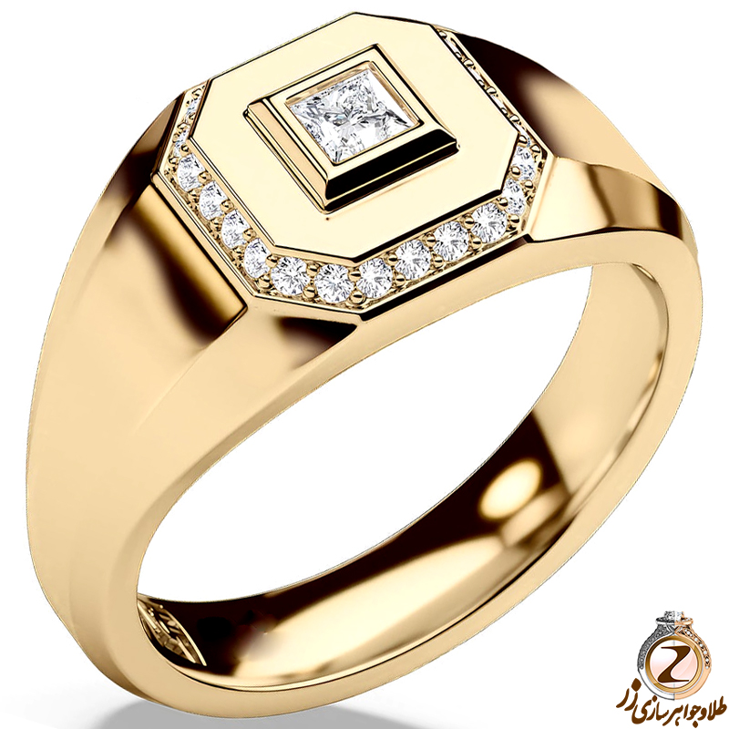 خرید و قیمت انگشتر طلا مردانه خاص جدید جواهر الماس تراش برلیان و پرنس طرح شیک و لاکچری - سایت زر